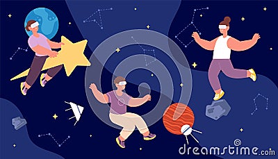 Kids playing in VR glasses, computer game or astrology lesson in artificial reality. Vector cartoon children flying in Vector Illustration