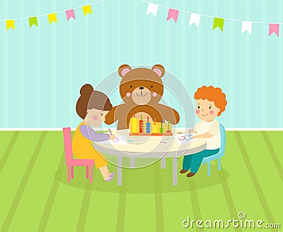 Kids playroom with light furniture decor playground and toys on the floor carpet decorating flat style cartoon Vector Illustration