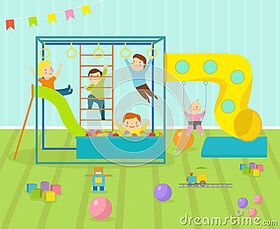 Kids playroom with light furniture decor playground and toys on the floor carpet decorating flat style cartoon Vector Illustration