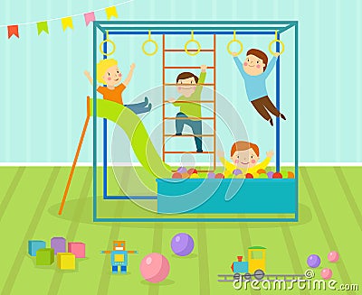 Kids playroom with light furniture decor playground and toys on the floor carpet decorating flat style cartoon Vector Illustration