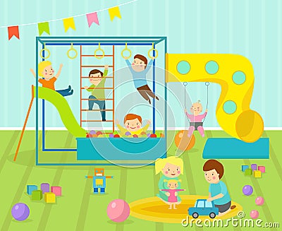 Kids playroom with light furniture decor playground and toys on the floor carpet decorating flat style cartoon Vector Illustration