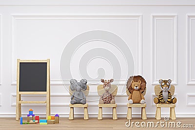 Kids playroom with stuffed toy animals wood stool and writing board. Cartoon Illustration