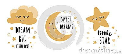 Kids posters set. Childish typography print room decoration Dream big Black gold Vector Illustration Vector Illustration