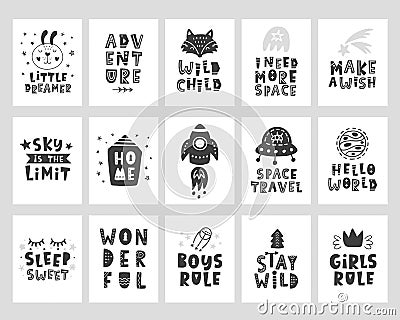 Kids posters set. Scandinavian style childish typography print Vector Illustration