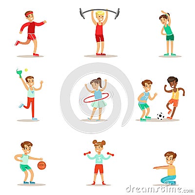 Kids Practicing Different Sports And Physical Activities In Physical Education Class Gym And Outdoors. Children Playing Vector Illustration