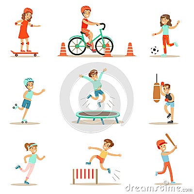 Kids Practicing Different Sports And Physical Activities In Physical Education Class Gym And Outdoors. Children Playing Vector Illustration