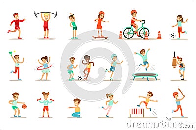 Kids Practicing Different Sports And Physical Activities In Physical Education Class Gym And Outdoors. Children Playing Vector Illustration