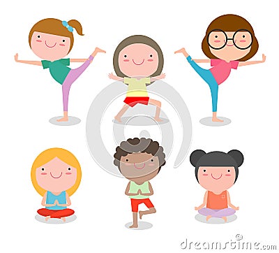 Kids Practicing Yoga , happy cartoon children Practicing Yoga , child Yoga exercises. Healthy lifestyle Vector Illustration