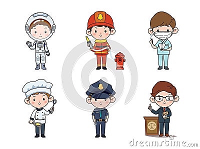 Kids professions. Cartoon cute children dressed in different occupation uniform. Vector characters with jobs different occupation Cartoon Illustration