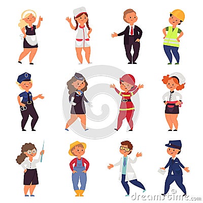 Kids professions. Children workers, diverse cartoon baby professional. Engineer carpenter, fun teacher police girl Vector Illustration