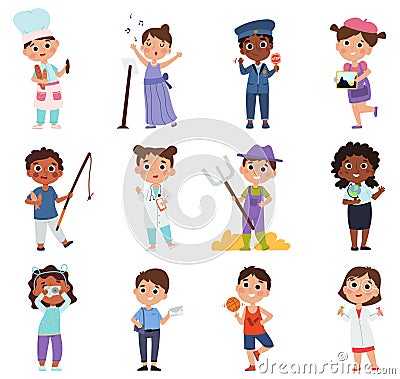 Kids professions, young painter, doctor and cook characters. Children in costumes of different professions vector Vector Illustration