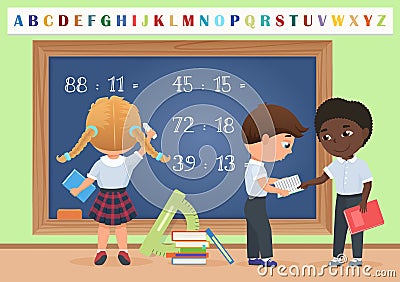 Kids pupils in classroom near school board chalkboard background vector illustration. Cartoon vector illustration. Vector Illustration