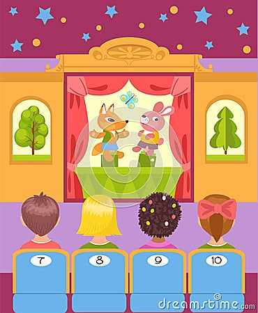 Kids puppets show. Spectators watch entertainment performance. Theater stage. Actors perform in front of children Vector Illustration
