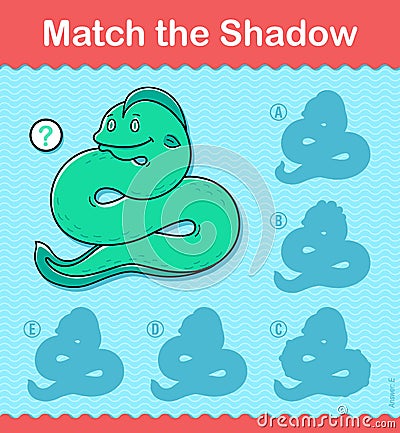 Kids puzzle game to Match the Shadow of a snake Vector Illustration