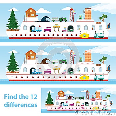 Kids puzzle ship to spot the 12 differences Vector Illustration