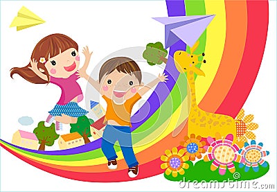 Kids and rainbow Vector Illustration
