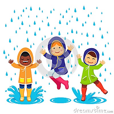 Kids in raincoats and rubber boots playing Vector Illustration
