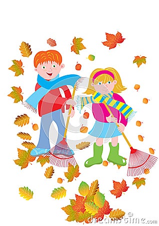 Kids raking leaves Cartoon Illustration