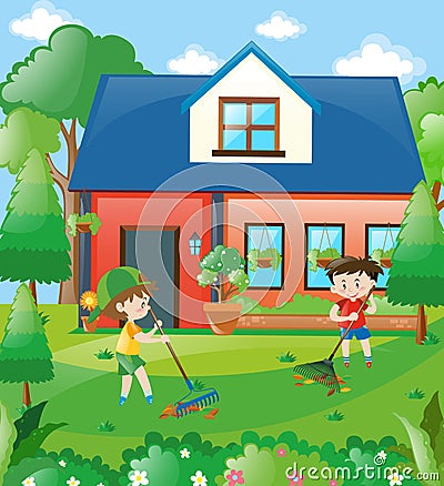 Kids raking leaves at home Vector Illustration