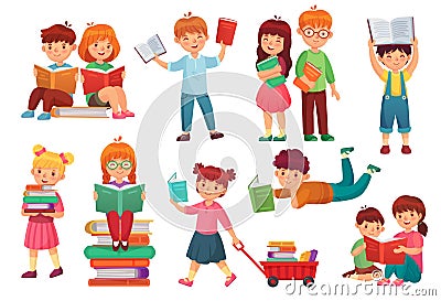 Kids read book. Happy kid reading books, girl and boy learning together and young students isolated cartoon vector Vector Illustration