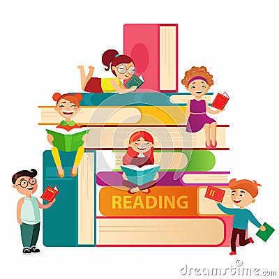 Kids reading on the big stack of books vector flat illustration. Small children around books infographic elements on Vector Illustration