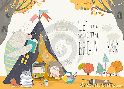 Kids reading book with animals in a teepee tent Vector Illustration