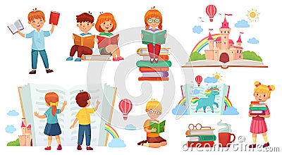 Kids reading book. Cartoon child library, happy kid read books and book stack isolated vector illustration Vector Illustration