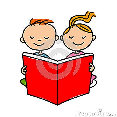 Kids reading book.Cartoon kids reading book illustration. Vector Illustration