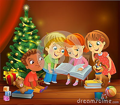 Kids reading the book beside a Christmas tree Vector Illustration