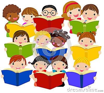 Kids reading Books Vector Illustration