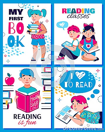 Kids reading books - cartoon poster set. My first book, reading classes, Vector Illustration