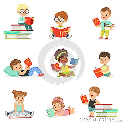 Kids Reading Books And Enjoying Literature Collection Of Cute Boys And Girls Loving To Read Sitting And Laying Vector Illustration