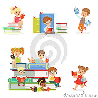 Kids Reading Books And Enjoying Literature Set Of Cute Boys And Girls Loving To Read Sitting And Laying Surrounded With Vector Illustration