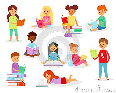 Kids reading books vector child character boy or girl read textbook with bookmark illustration set of educated children Vector Illustration
