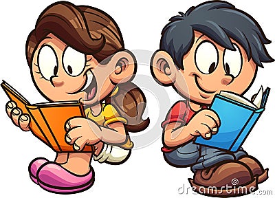 Cartoon boy and girl reading books while sitting down Vector Illustration