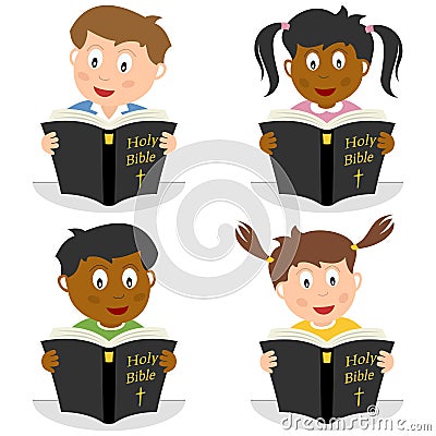 Kids Reading the Holy Bible Vector Illustration