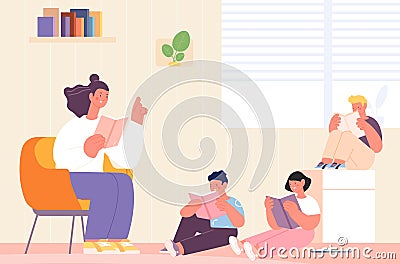 Kids reading with teacher. Home kindergarten or school lesson. Nanny with children at living room. Mother, boys and Vector Illustration