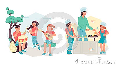 Kids recreation and education, hobby and creative classes scenes set. Vector Illustration