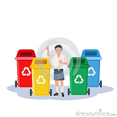 Kids with recycling garbage. boy is giving thumb up while explaining about the color of recycle bin Vector Illustration