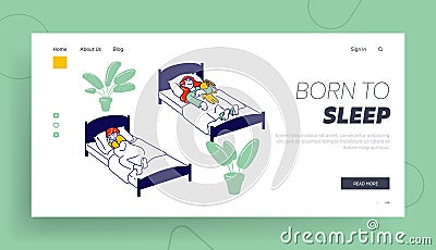 Kids Rest and Relaxing, Snooze in Bedchamber Website Landing Page. Afternoon Nap Time, Little Kids Sleeping Vector Illustration