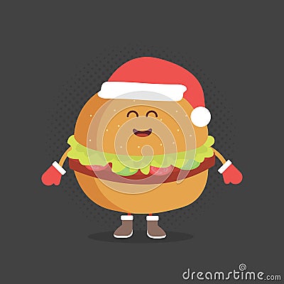 Kids restaurant menu cardboard character. Christmas and New Year winter style. Funny cute burger drawn with a smile, eyes and hand Stock Photo