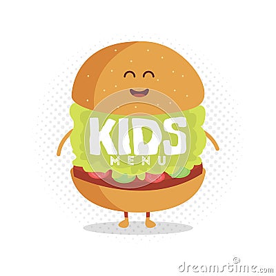 Kids restaurant menu cardboard character. Funny cute burger drawn with a smile, eyes and hands. Vector Illustration