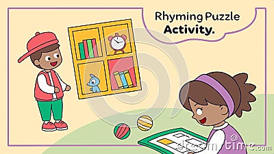 Kids rhyming puzzle game, classroom learn, literacy skill, word activity, play vector design Generative AI Vector Illustration