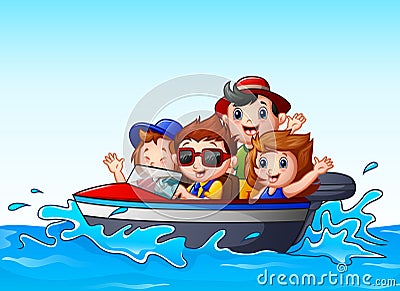 Kids riding a motor boat in the ocean Vector Illustration