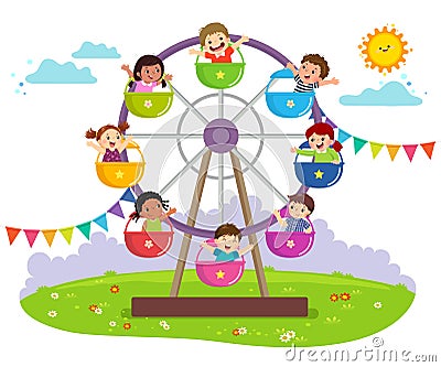 Kids riding on wheel ferris in an amusement park Vector Illustration