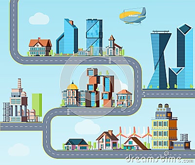 Kids road map. Top view highway with downtows, eco factory different flat buildings vector illustration Cartoon Illustration