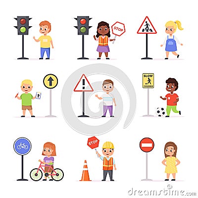 Kids road signs. Children learn road rules, boys and girls with traffic lights, educational scenes, safety pedestrian Vector Illustration
