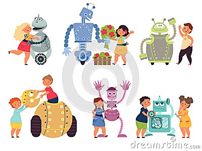 Kids robot programming. Toy robots coding, child with electronic characters. Cartoon friends, children interesting hobby Cartoon Illustration