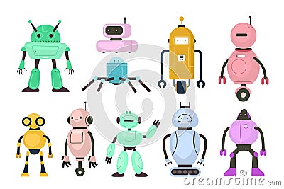 Kids robots. Electronic toys different configuration, childish technology, mechanical cute character fantasy, friendly Vector Illustration