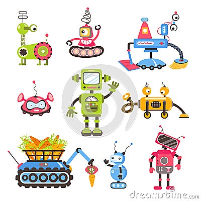 Kids robots. Funny colorful baby mechanic toys, electronic futuristic cyborgs characters, android mascots, cartoon style Vector Illustration